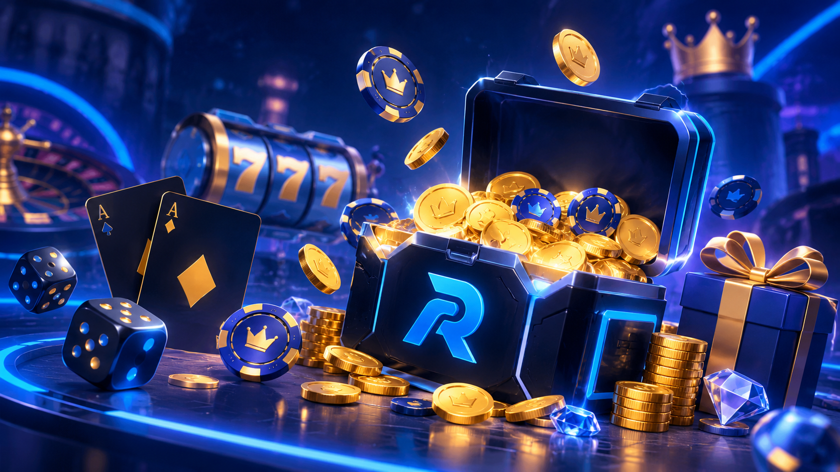Blue and gold sweepstakes bonus illustration with a treasure chest, virtual coins, chips and gifts