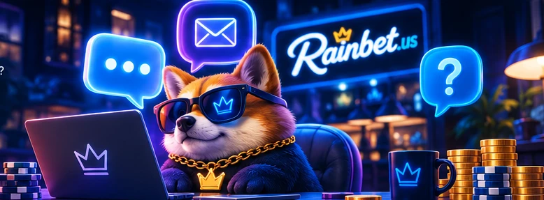 Illustration of a support desk with messages and a casino-themed mascot